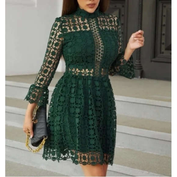 Classic Lace Frill Neck Long Sleeve Party Dress - Picture 12 of 13